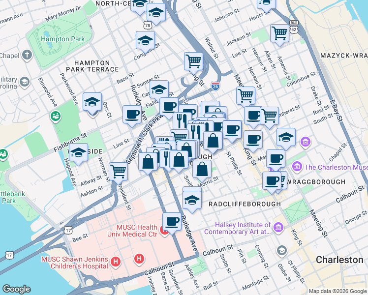 map of restaurants, bars, coffee shops, grocery stores, and more near 1 Ashe Street in Charleston