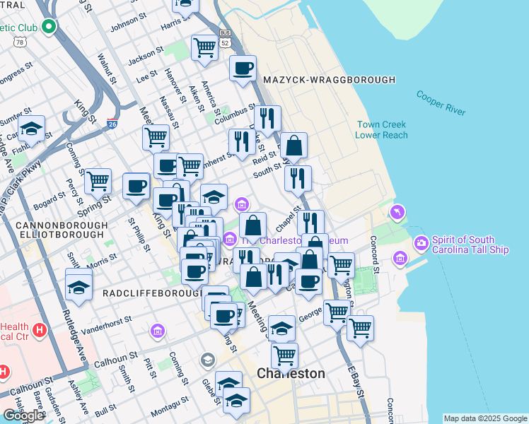 map of restaurants, bars, coffee shops, grocery stores, and more near 1 Judith Street in Charleston