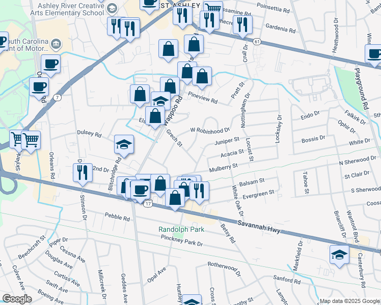 map of restaurants, bars, coffee shops, grocery stores, and more near 834 Prince John Drive in Charleston