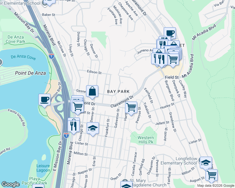 map of restaurants, bars, coffee shops, grocery stores, and more near 4533 Gesner Street in San Diego