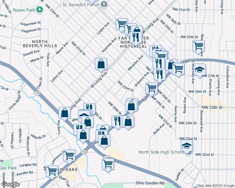 map of restaurants, bars, coffee shops, grocery stores, and more near 2106 French Avenue in Fort Worth