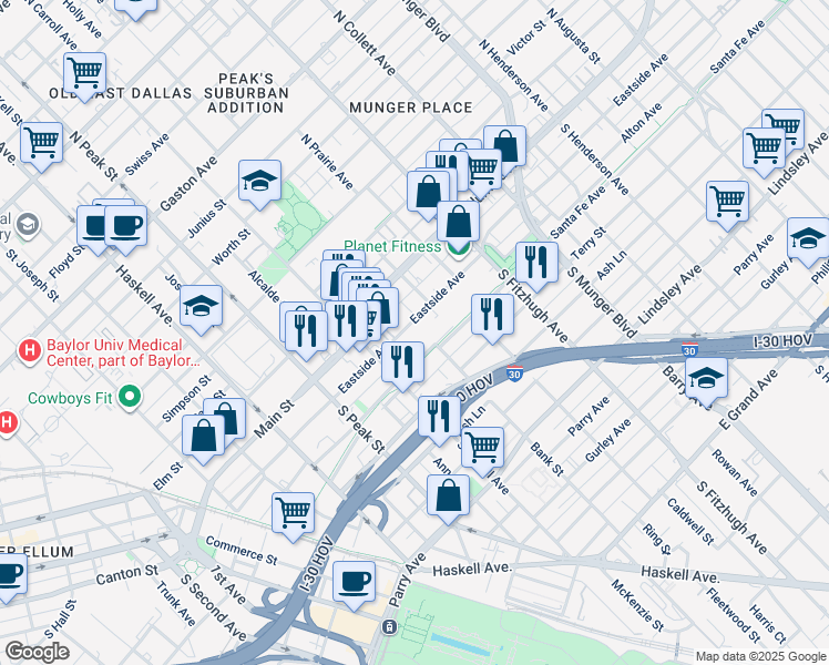 map of restaurants, bars, coffee shops, grocery stores, and more near 4600 Eastside Avenue in Dallas