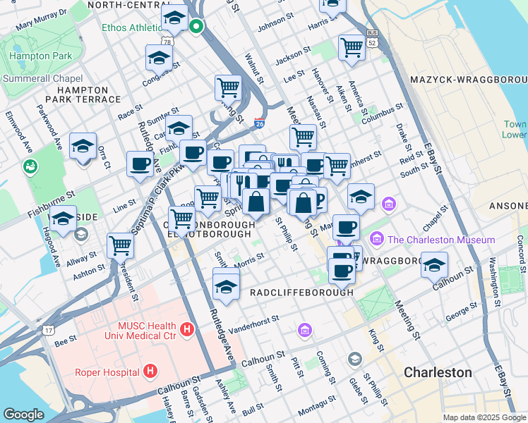 map of restaurants, bars, coffee shops, grocery stores, and more near 15 Brewster Court in Charleston