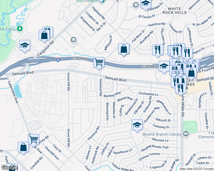 map of restaurants, bars, coffee shops, grocery stores, and more near 5000 Samuell Boulevard in Dallas
