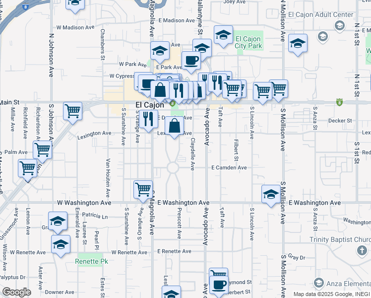 map of restaurants, bars, coffee shops, grocery stores, and more near 359 Prescott Avenue in El Cajon