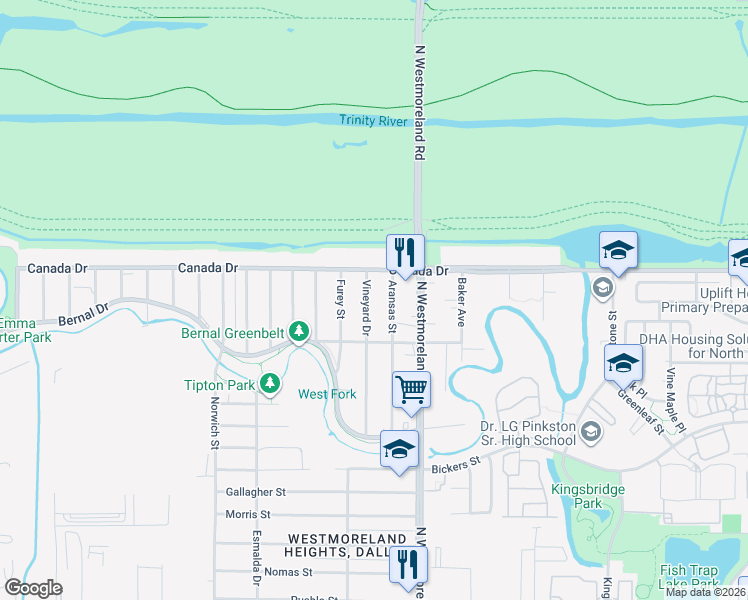 map of restaurants, bars, coffee shops, grocery stores, and more near 4106 Vineyard Drive in Dallas