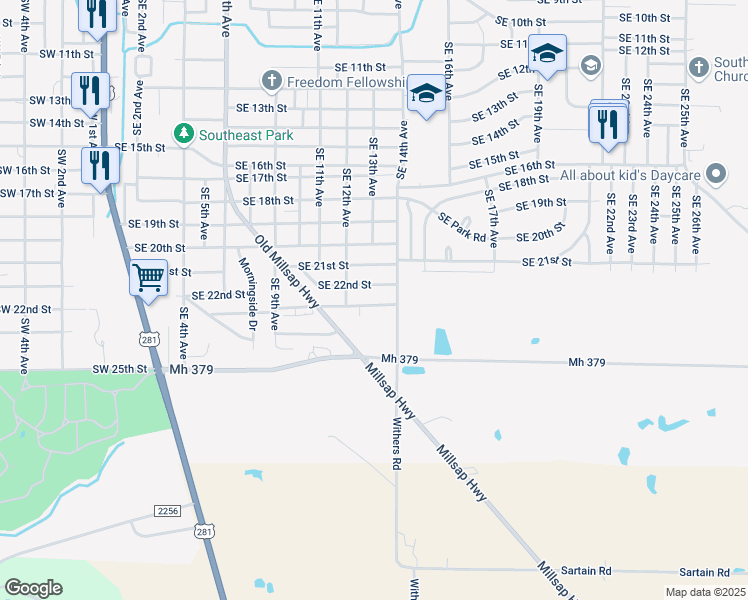 map of restaurants, bars, coffee shops, grocery stores, and more near 1401 Southeast 23rd Street in Mineral Wells