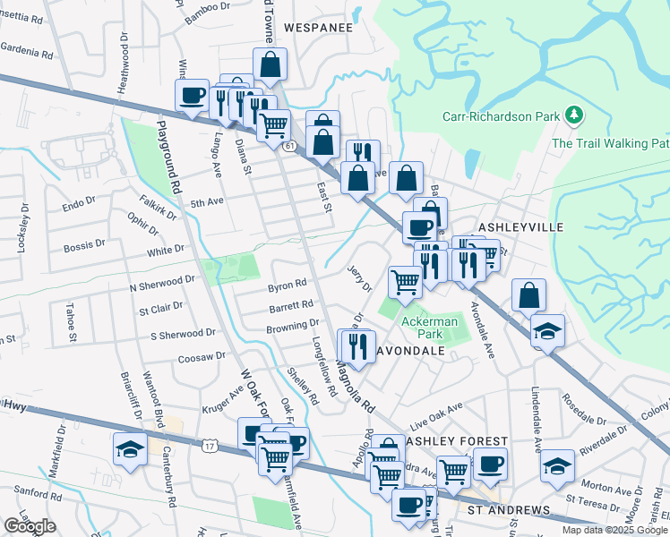 map of restaurants, bars, coffee shops, grocery stores, and more near 60 Anita Drive in Charleston