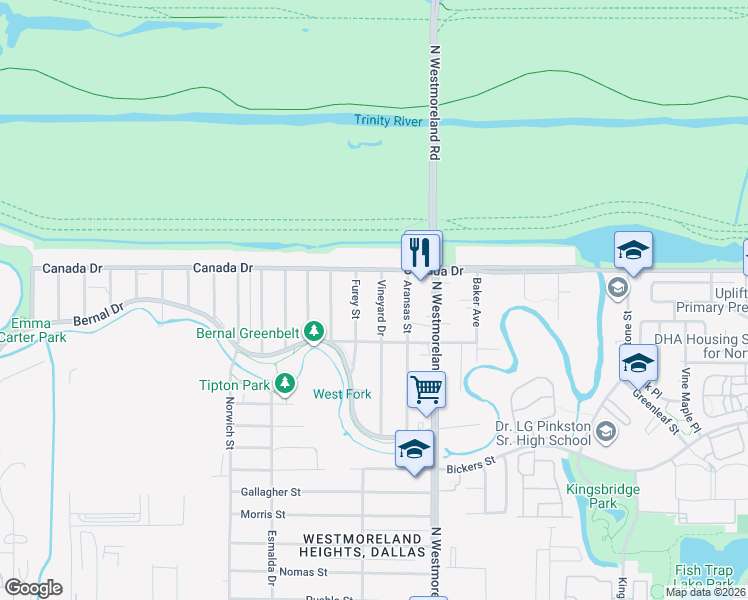 map of restaurants, bars, coffee shops, grocery stores, and more near 4107 Vineyard Drive in Dallas