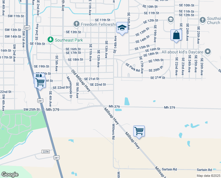 map of restaurants, bars, coffee shops, grocery stores, and more near 1401 Southeast 23rd Street in Mineral Wells