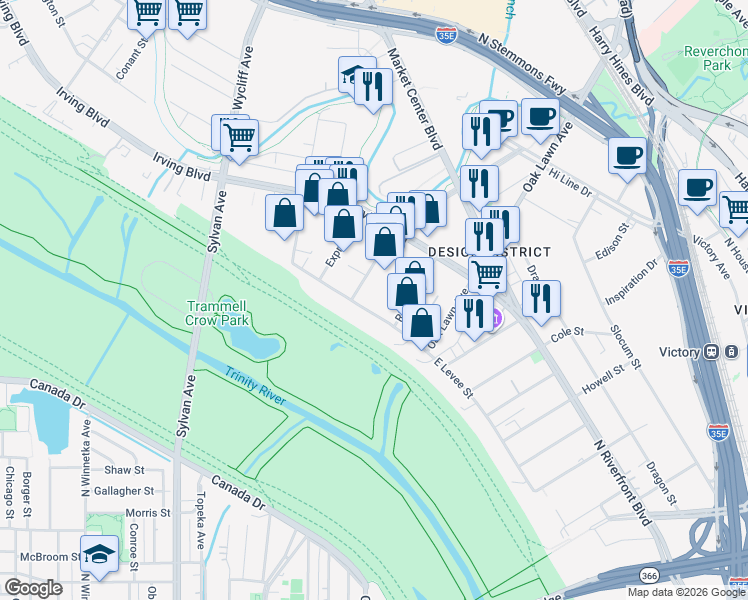 map of restaurants, bars, coffee shops, grocery stores, and more near 120 Turtle Creek Boulevard in Dallas
