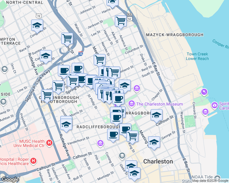 map of restaurants, bars, coffee shops, grocery stores, and more near 411 Meeting Street in Charleston