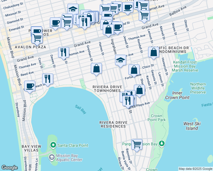 map of restaurants, bars, coffee shops, grocery stores, and more near 3982 Riviera Drive in San Diego