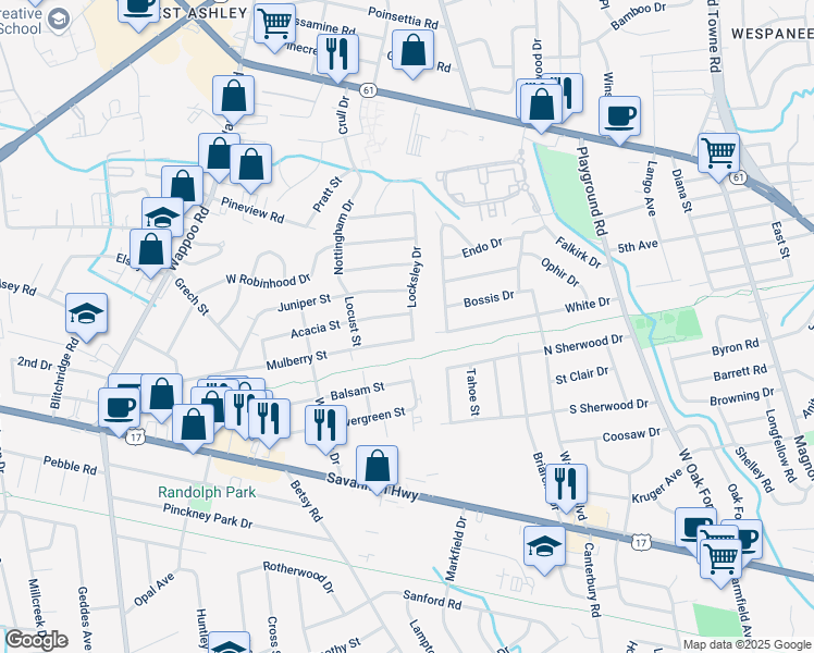 map of restaurants, bars, coffee shops, grocery stores, and more near 819 Locksley Drive in Charleston