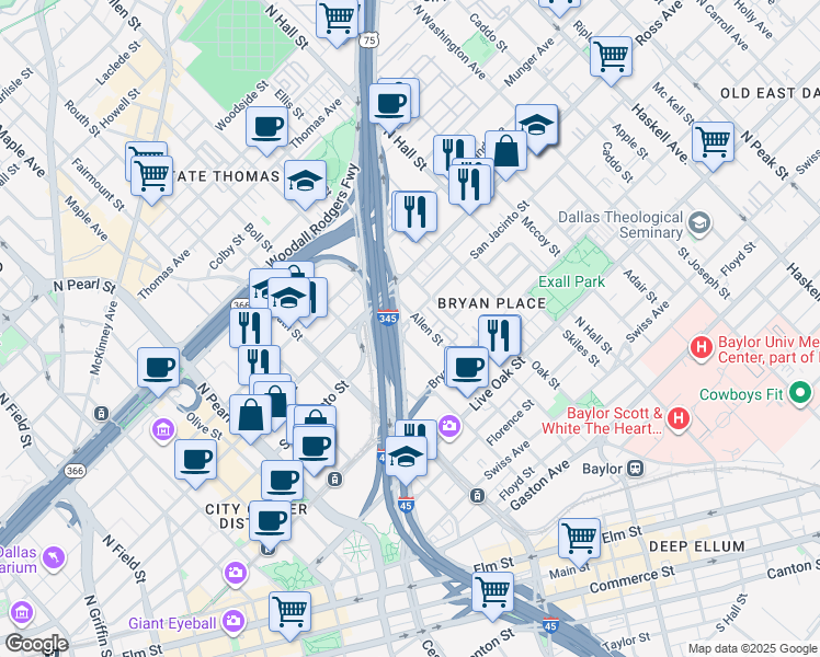 map of restaurants, bars, coffee shops, grocery stores, and more near 2900 San Jacinto Street in Dallas
