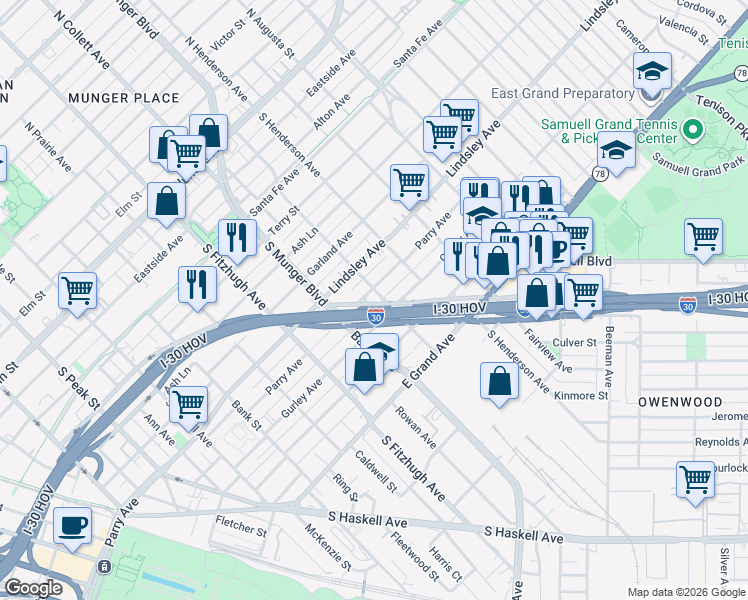 map of restaurants, bars, coffee shops, grocery stores, and more near 5114 Parry Avenue in Dallas
