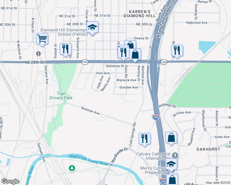 map of restaurants, bars, coffee shops, grocery stores, and more near 2401 Oxford Avenue in Fort Worth
