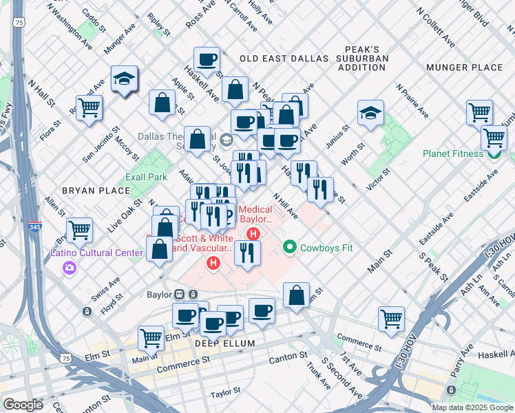 map of restaurants, bars, coffee shops, grocery stores, and more near 3800-3912 Bird Street in Dallas