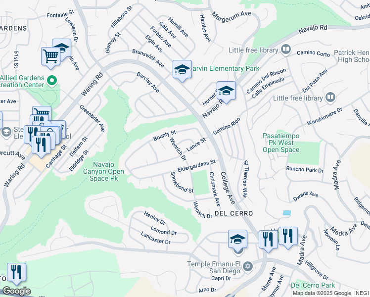 map of restaurants, bars, coffee shops, grocery stores, and more near 5912 Lance Street in San Diego