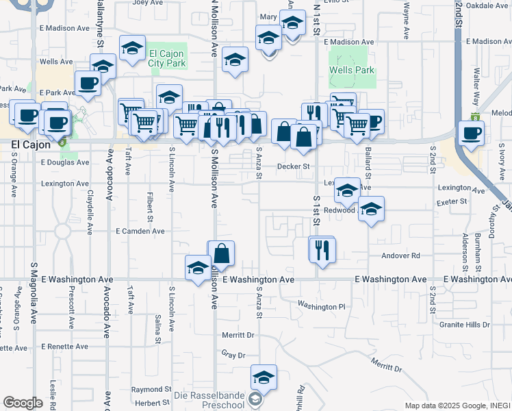 map of restaurants, bars, coffee shops, grocery stores, and more near 382 South Anza Street in El Cajon