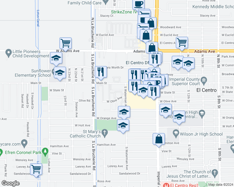 map of restaurants, bars, coffee shops, grocery stores, and more near 1736 West Olive Avenue in El Centro