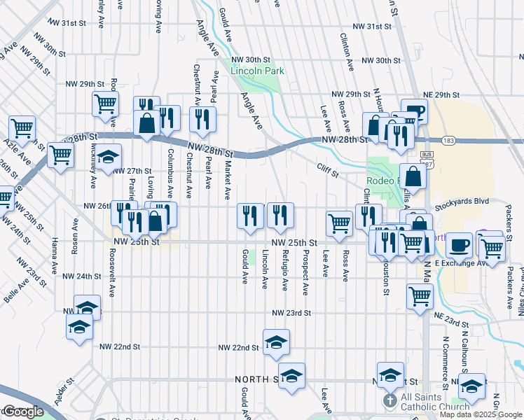 map of restaurants, bars, coffee shops, grocery stores, and more near 2525 Lincoln Avenue in Fort Worth