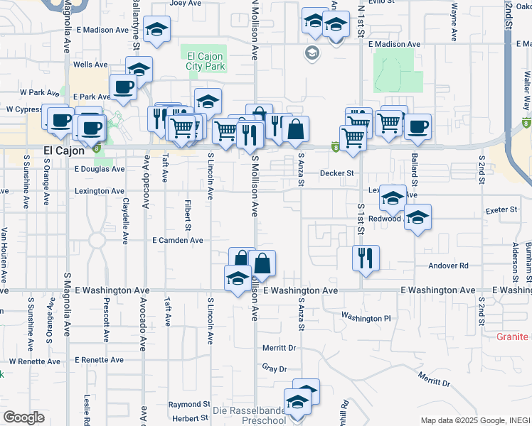 map of restaurants, bars, coffee shops, grocery stores, and more near 421 South Mollison Avenue in El Cajon