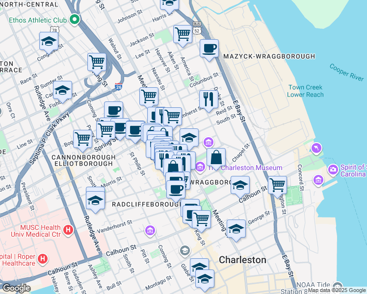 map of restaurants, bars, coffee shops, grocery stores, and more near 48a Mary Street in Charleston
