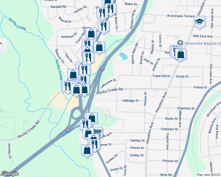 map of restaurants, bars, coffee shops, grocery stores, and more near 1321 Rocky Creek Road in Macon