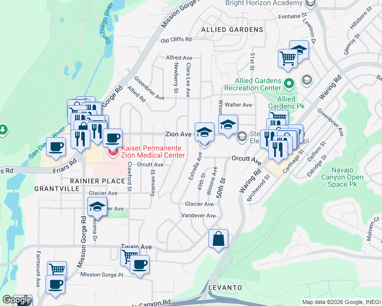 map of restaurants, bars, coffee shops, grocery stores, and more near 6511 Clara Lee Avenue in San Diego