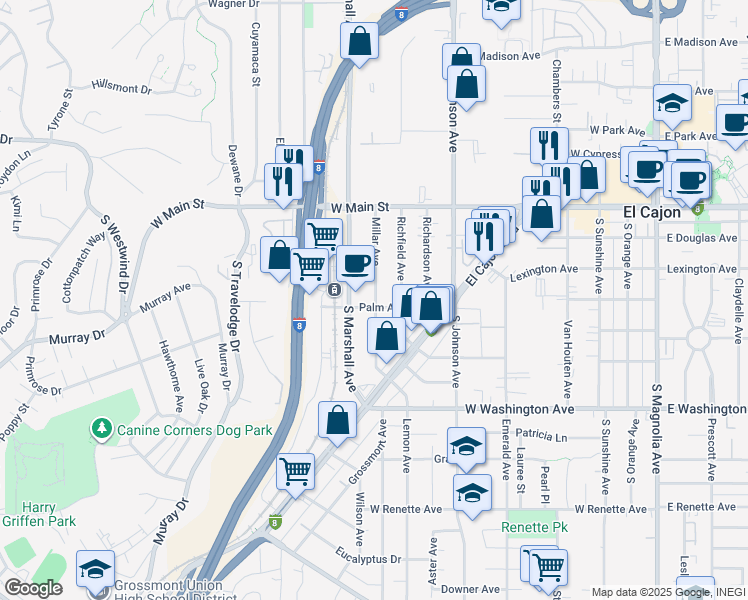 map of restaurants, bars, coffee shops, grocery stores, and more near 392 Millar Avenue in El Cajon