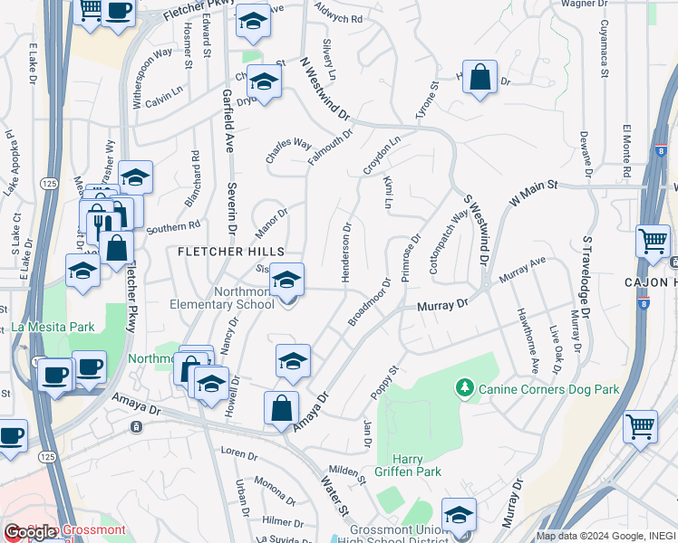 map of restaurants, bars, coffee shops, grocery stores, and more near 6215 Cresthaven Drive in La Mesa