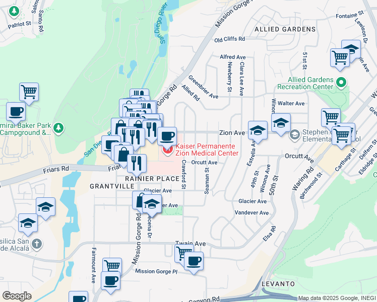 map of restaurants, bars, coffee shops, grocery stores, and more near 6526 Burgundy Street in San Diego