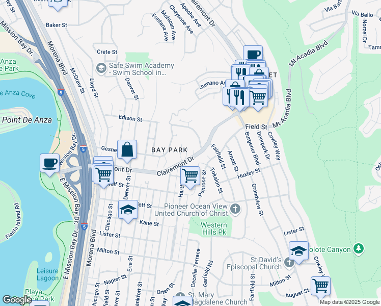map of restaurants, bars, coffee shops, grocery stores, and more near 2812 Clairemont Drive in San Diego