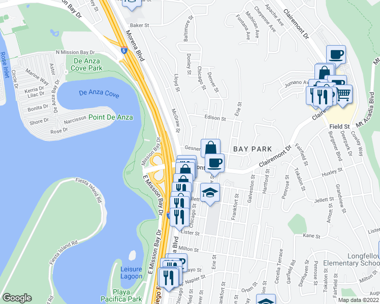 map of restaurants, bars, coffee shops, grocery stores, and more near 2727 Morena Boulevard in San Diego