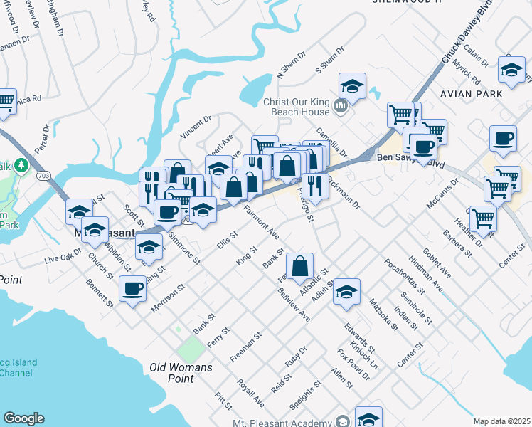 map of restaurants, bars, coffee shops, grocery stores, and more near 1221 Fairmont Avenue in Mount Pleasant
