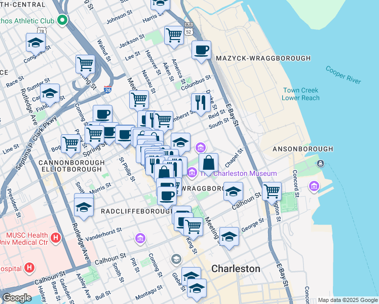 map of restaurants, bars, coffee shops, grocery stores, and more near 48a Mary Street in Charleston