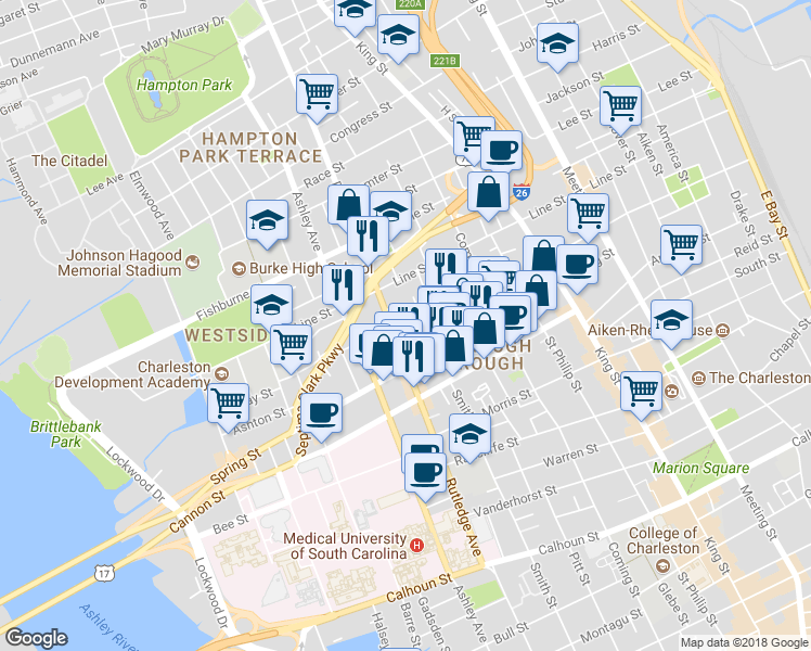 map of restaurants, bars, coffee shops, grocery stores, and more near 2 Peecksens Court in Charleston