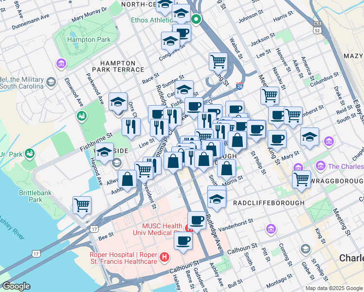 map of restaurants, bars, coffee shops, grocery stores, and more near 80 Bogard Street in Charleston
