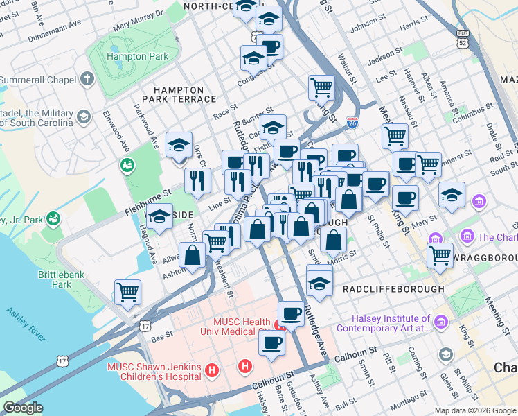 map of restaurants, bars, coffee shops, grocery stores, and more near in Charleston