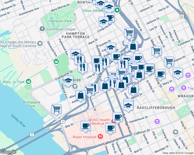 map of restaurants, bars, coffee shops, grocery stores, and more near 27 Kennedy Street in Charleston