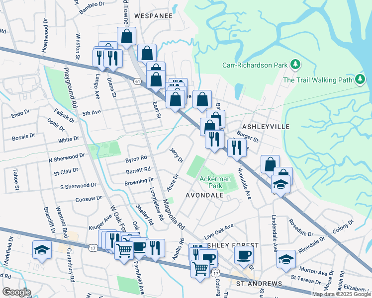 map of restaurants, bars, coffee shops, grocery stores, and more near 4 Jerry Drive in Charleston