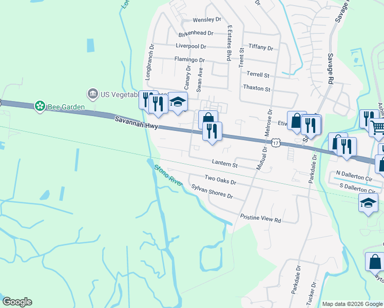 map of restaurants, bars, coffee shops, grocery stores, and more near 2480 Lantern Street in Charleston