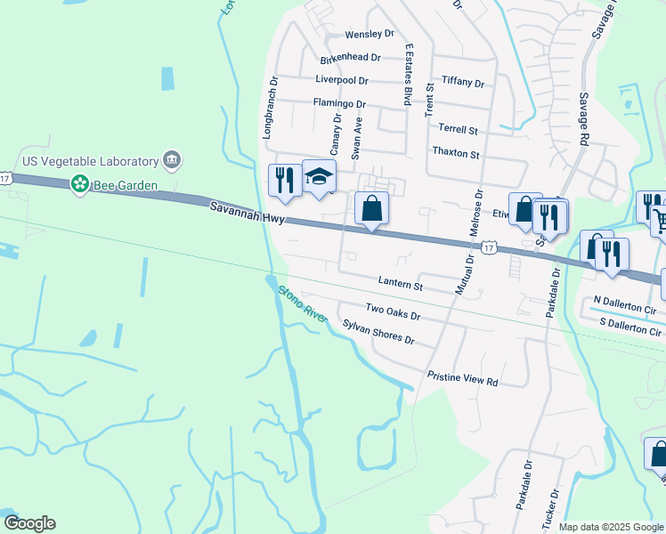 map of restaurants, bars, coffee shops, grocery stores, and more near 2503 Hara Lane in Charleston