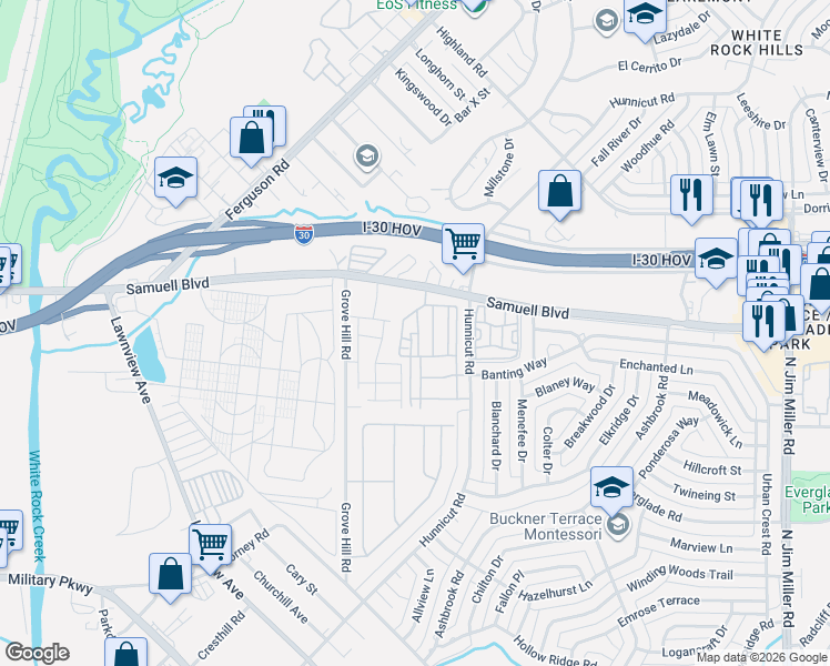 map of restaurants, bars, coffee shops, grocery stores, and more near 7533 Laburnam Road in Dallas