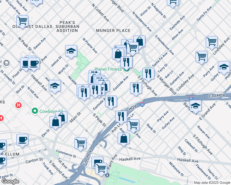 map of restaurants, bars, coffee shops, grocery stores, and more near 4600 Eastside Avenue in Dallas