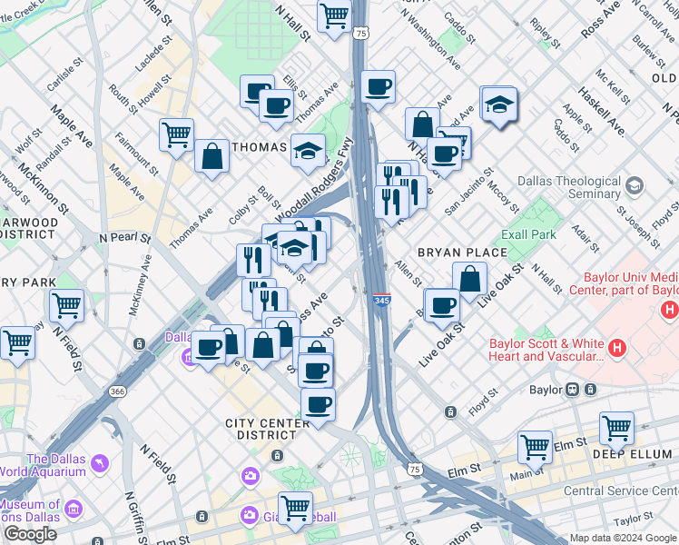 map of restaurants, bars, coffee shops, grocery stores, and more near in Dallas