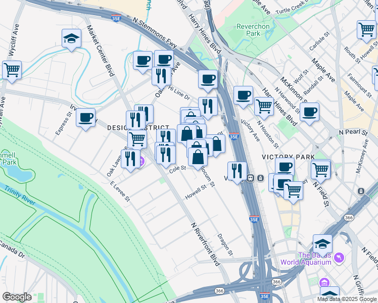 map of restaurants, bars, coffee shops, grocery stores, and more near 1400 Inspiration Drive in Dallas