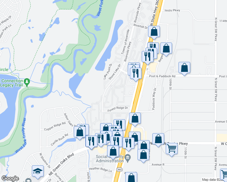 map of restaurants, bars, coffee shops, grocery stores, and more near 2502 Riverside Parkway in Grand Prairie
