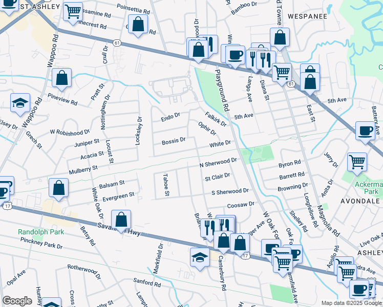 map of restaurants, bars, coffee shops, grocery stores, and more near 1359 White Dr in Charleston